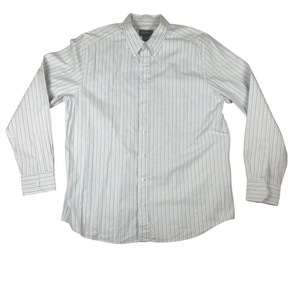 Eddie Bauer Mens XL Tall Striped Button Down Shirt Blue White Cotton Long Sleeve